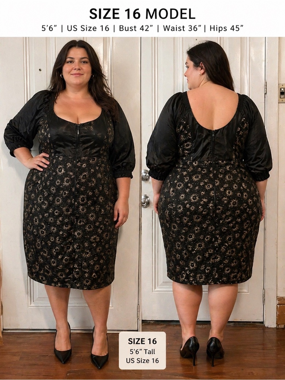 Black & Gold Floral Satin Midi Dress | Puff Sleeve | Size 16 “no tag” see photos